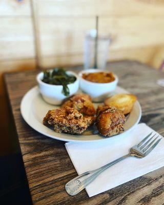 Aunt Bertha's Fried Chicken, Turkey Collard Greens, sweet potato soufflé