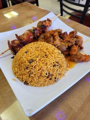 Spanish rice, Barbecue gizzards, and chicken and beef skewer