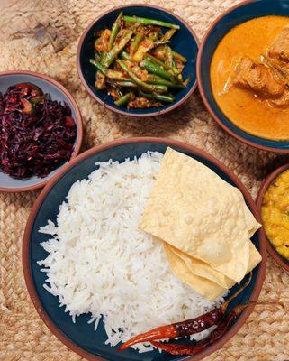 Staple of Sri Lankan! Rice & Curry, Green Beans, Sautéed Beet, Spicy Fish Curry, Lentil Curry