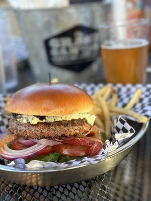 Beast Burger with fries and Hop Canyon IPA