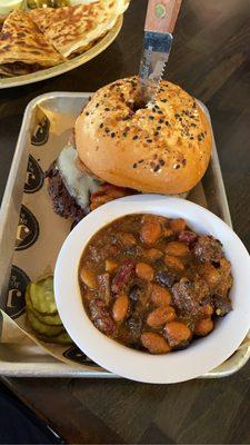 Burger with Mac and cheese on it! Baked beans