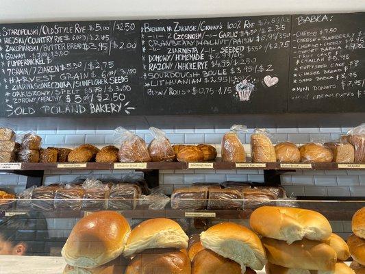 Menu board and the gorgeous bread on display