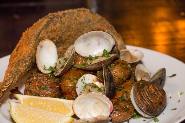 Cornmeal Fried Sea Bream : Creamer Potatoes, Clams, Smoked Sea Salt, Garlic Oil & Sambal Remoulade. Interesting take on fish & chips..great!