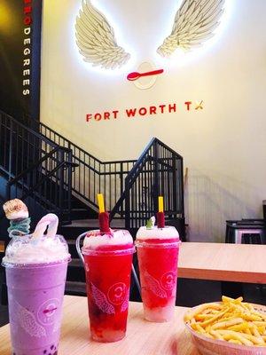 Ube with Boba, Lychee with coconut jellies and sea salt foam, Spicy Watermelon Slush. + fries on the side