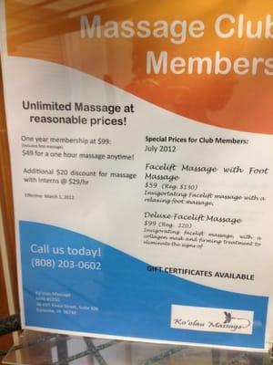 Massage club membership available