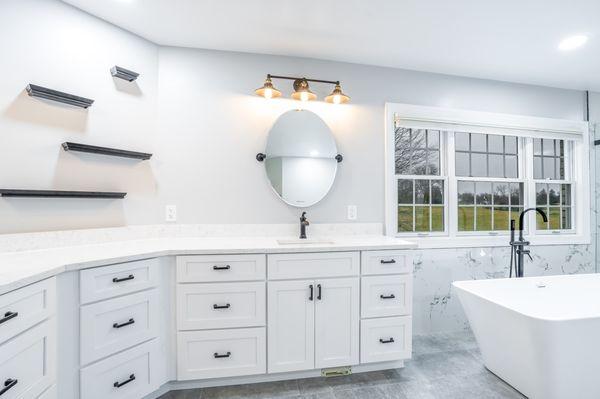 Master Bathroom Remodeled With White Flooring, Bathtub, Shower, Highland MD