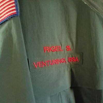 Embroidery of kids name to match color and font on Boy Scout Uniforms.