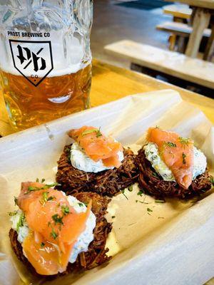 Potato Pancakes & Salmon w/ tzatziki @ Prost Brewing, Denver.