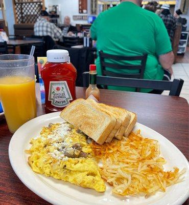 The newish gyro omelet, served with hash browns and (excellent) sour dough toast, MAY not be great for waistline.