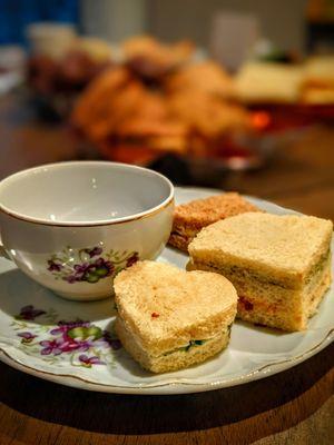 Some of the tea sandwiches that come with the Christmas tea. The China is our own.