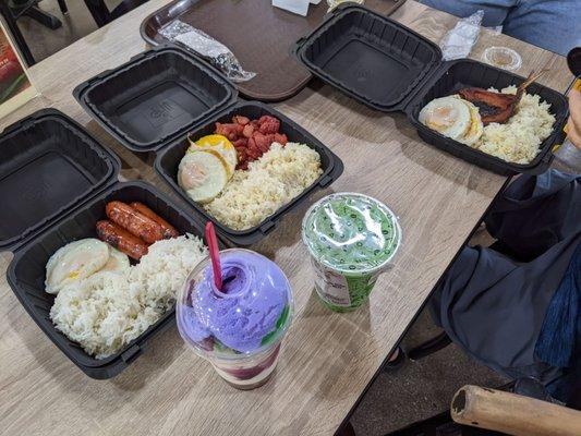 Our 3 breakfast plates, the coconut pandan dessert and Ube Halo Halo