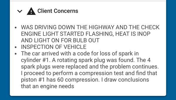 Statement from owner stating engine needs to be replaced. Which it didn't!