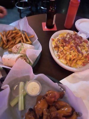 Buffalo wings, Windsor chicken wrap, Irish nachos