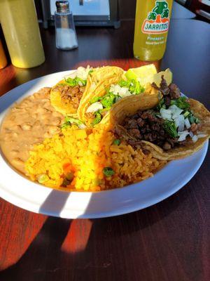 Carne Asada taco dinner w/rice and beans.