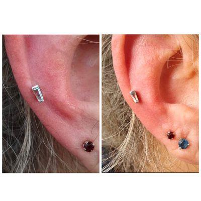 Megan Bradley low helix piercing with white gold and topaz jewelry