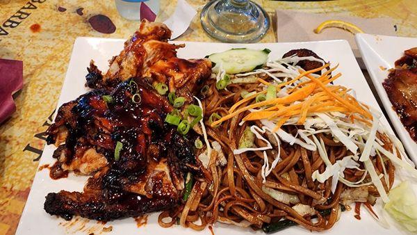 Caribbean style Barbecue chicken with flat noodles