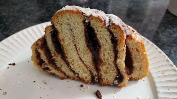 Cross section of chocolate babka loaf; vegan by default ($4). Pretty tasty, though not as soft and ooey-gooey as a cinnamon roll.