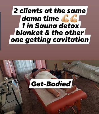 Left side body cavitation and right side sauna Infrared detox blanket.