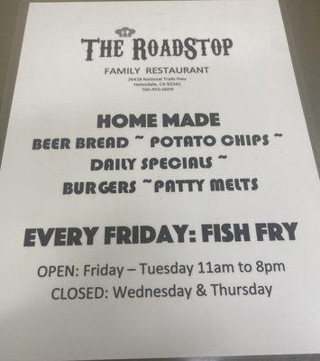 Menu for "The Roadstop". They also have some specials not mentioned on menu.