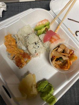 Spicy Salmon Roll, California Roll, Rainbow Roll, Squid Salad