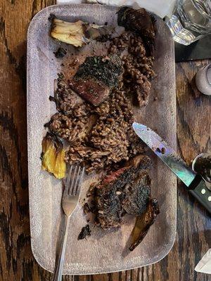 Ribeye and uncooked risotto.