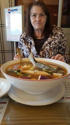 The soup had an entire fish (cut into quarters), tamarind, bok choy, and eggplant.