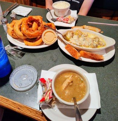 Onion rings, stuffed mushrooms, white chicken chilli and potato soup.