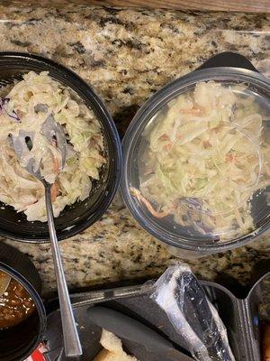 2 orders of cole slaw. I Ordered 1 cole slaw and 1 potato salad ( tat I didn't get).