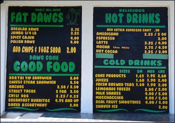 The restaurant's motto is "Dawg Gone Good Food," and the menu lists the choices the restaurant offers.