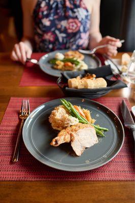 Free Range Chicken Breast with lemon butter and the funeral potatoes. This is a split entree which we felt was plenty of food.