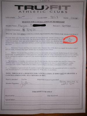 Cancellation form showing 30 days notice and responsibility to pay dues during the process.