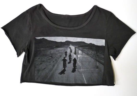 Crop top with black and white photo screen print. 
 For more information please visit our website at www.deluxescreenprinting.net