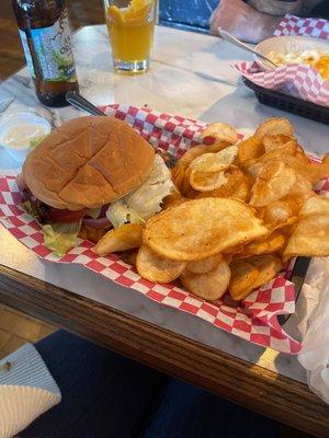 Pimento cheese burger and chips