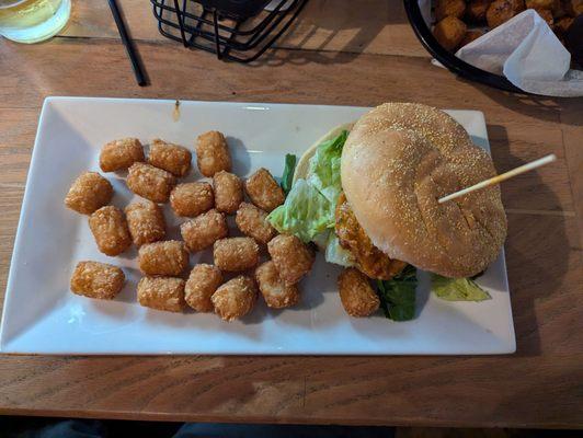 Buttermilk chicken sandwich with tots