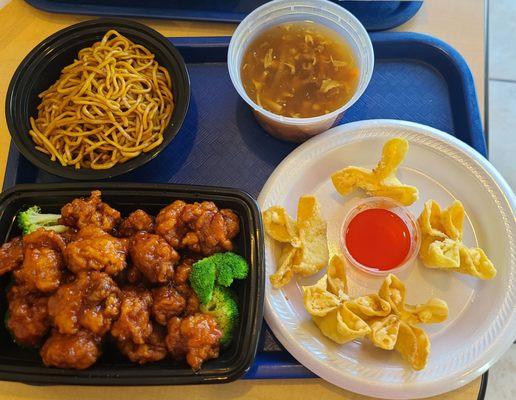 General Tso with lomain, crab Rangoon, hot sour soup, and pork egg roll (not in pic)