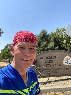 Taking a break at Anderson Lake Park entrance.  Destination is Morgan Hill. From Willow Glen ride total is 54 miles approximately.