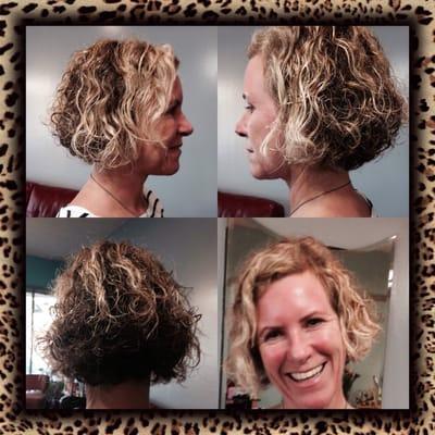 A Beautiful soft A-Line  haircut.   Curly hair   Specialist  by Ines! Come and see us at Habibi's