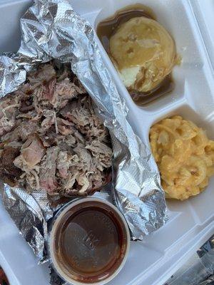 Lunch special - Pulled Pork, Mac 'n Cheese, and mashed potatoes and gravy