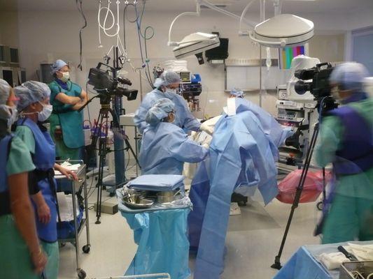 Dr. Carlos Guanche performing a live surgical demonstration of hip arthroscopy to a conference in San Francisco, CA from his surgical center