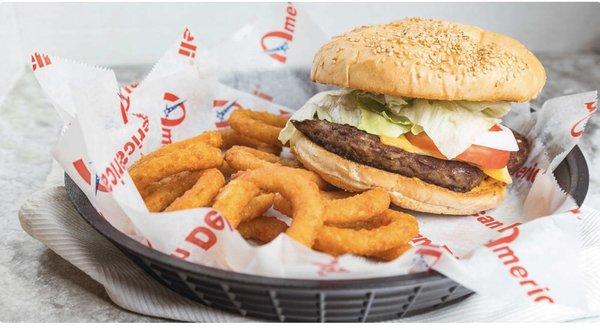 Burger combo with onion rings