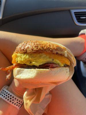 Bacon egg and cheese on Asiago bagel