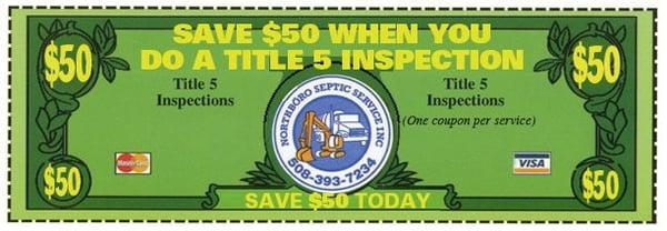 Get a Title V Inspection through Curtis Septic Service and receive $50 off!