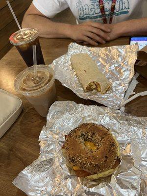 Breakfast sandwiches and iced coffee