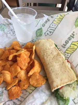 My usual: toasted veggie flatbread with BBQ kettle chips.