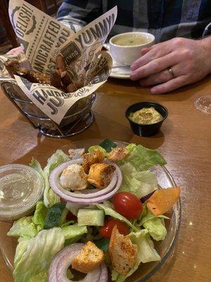 Soup, salad and pretzel fries.