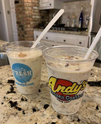 Left: vanilla custard with banana, peanut butter cups, and waffle cone, Right: vanilla custard with Heath bar, almonds, and waffle cone