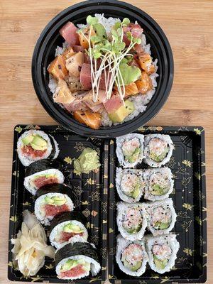 TAKE OUT ORDER:  Super Poke Bowl $12.95, Spicy Tuna Roll $5.95, Cali Rolls $4.95 = $23.85