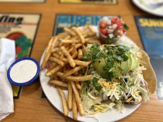 Fish tacos with FF and ranch on the side. Delicious flavor, melts in your mouth!