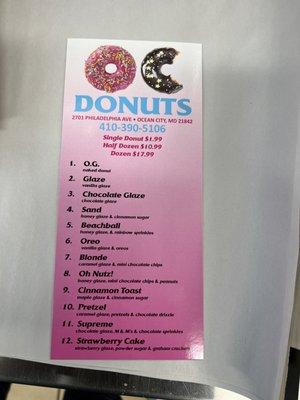 Donuts menu