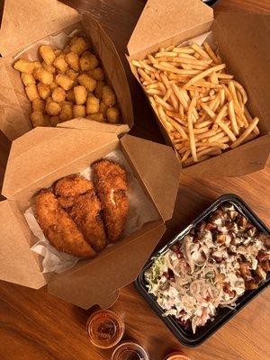 Chicken tenders, Chicken over Rice, Fries, Tots.